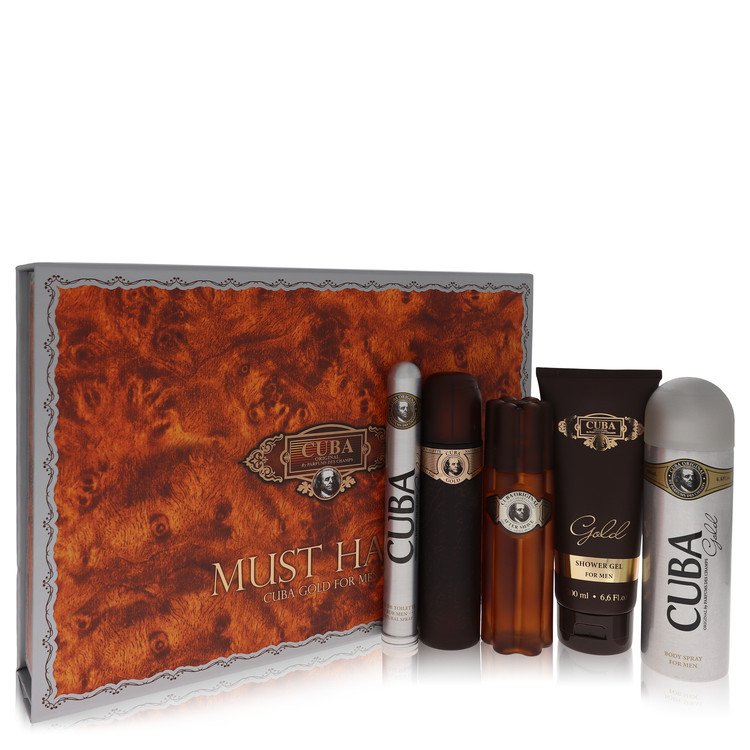 Cuba Gold von Fragluxe – Geschenkset – 100 ml Eau de Toilette Spray + 100 ml After Shave Spray + 200 ml Körper-Deodorant-Spray + 200 ml Duschgel + 35 ml EDT Spray
