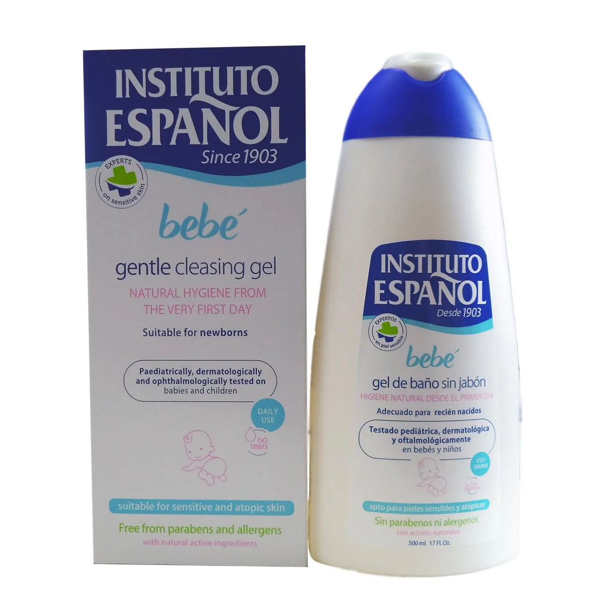 Gel de bain pour bébé Instituto Español sans savon pour peau sensible de nouveau-né sans allergènes 500 ml